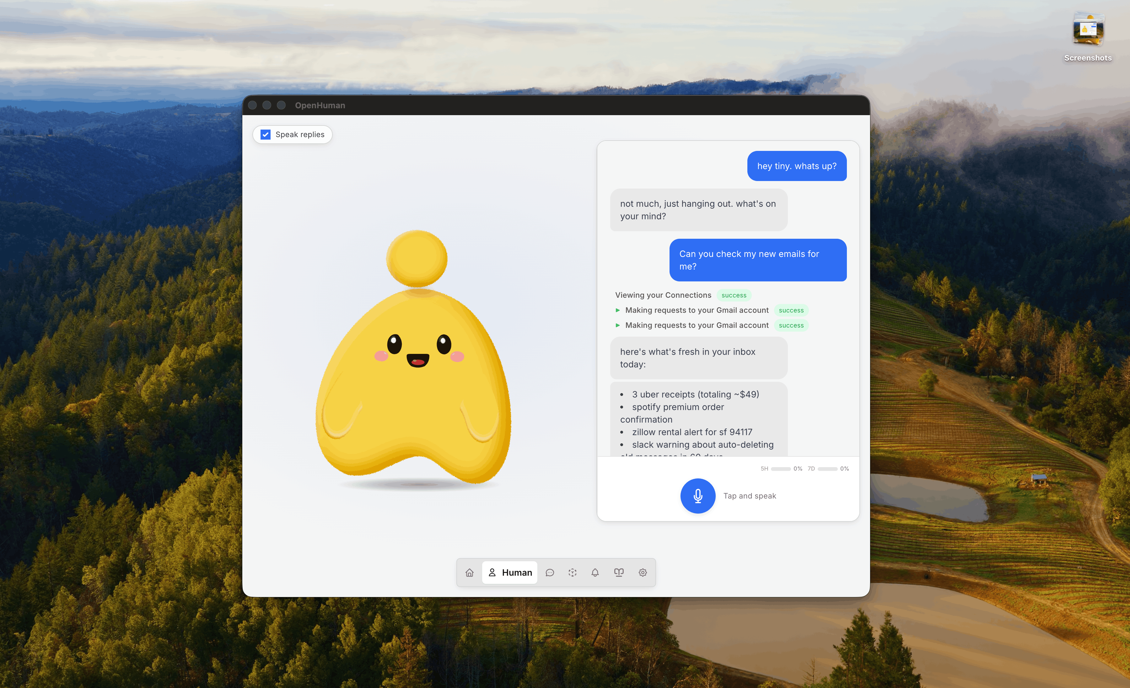 Настольный клиент OpenHuman: главное окно с панелью чата AI Assistant (официальный скриншот демо)